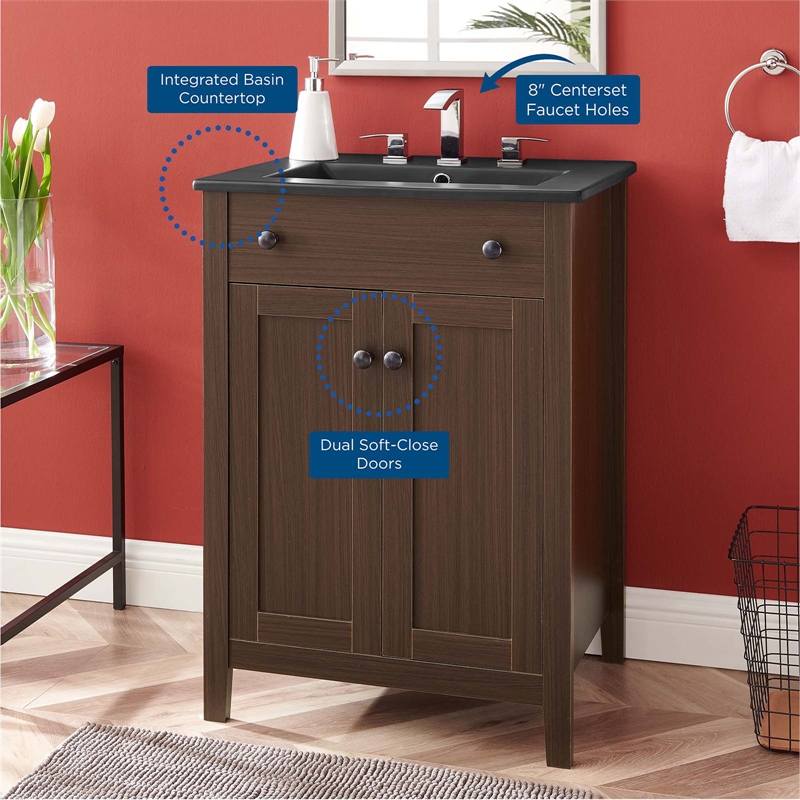 Modway Nantucket Modern Wood/Ceramic Bathroom Vanity in Walnut/White