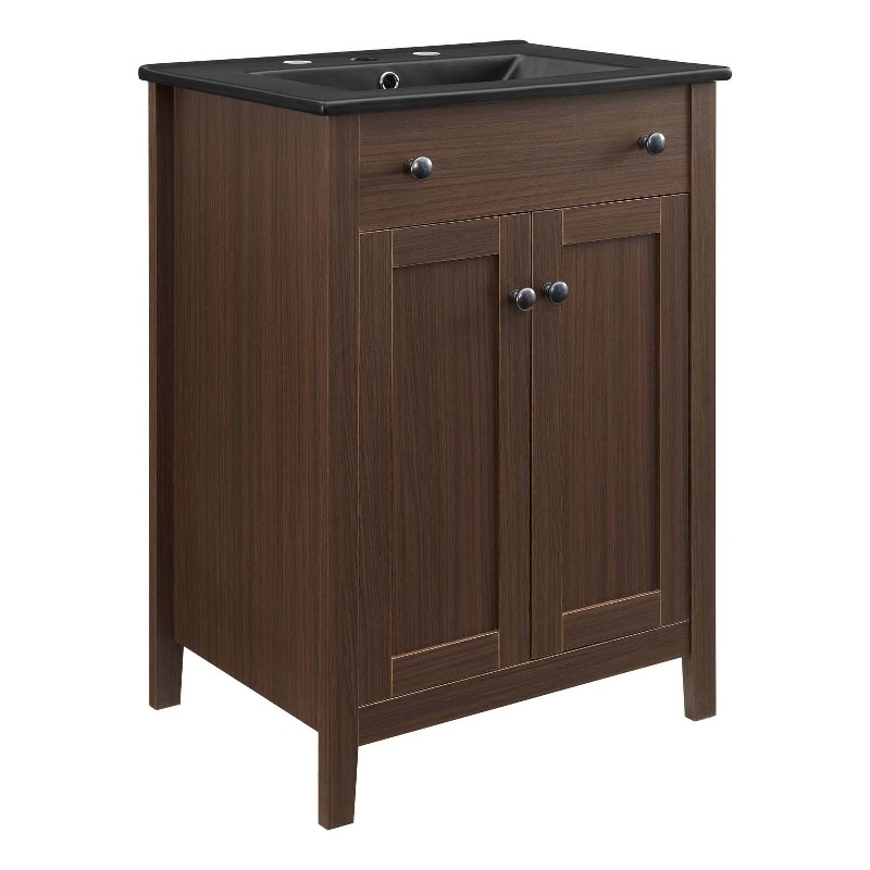Modway Nantucket Modern Wood/Ceramic Bathroom Vanity in Walnut/White