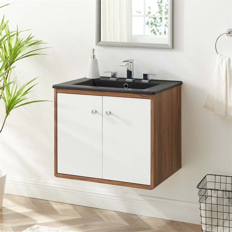 Modway Transmit Modern Wood Wall-Mount Bathroom Vanity in White/Walnut