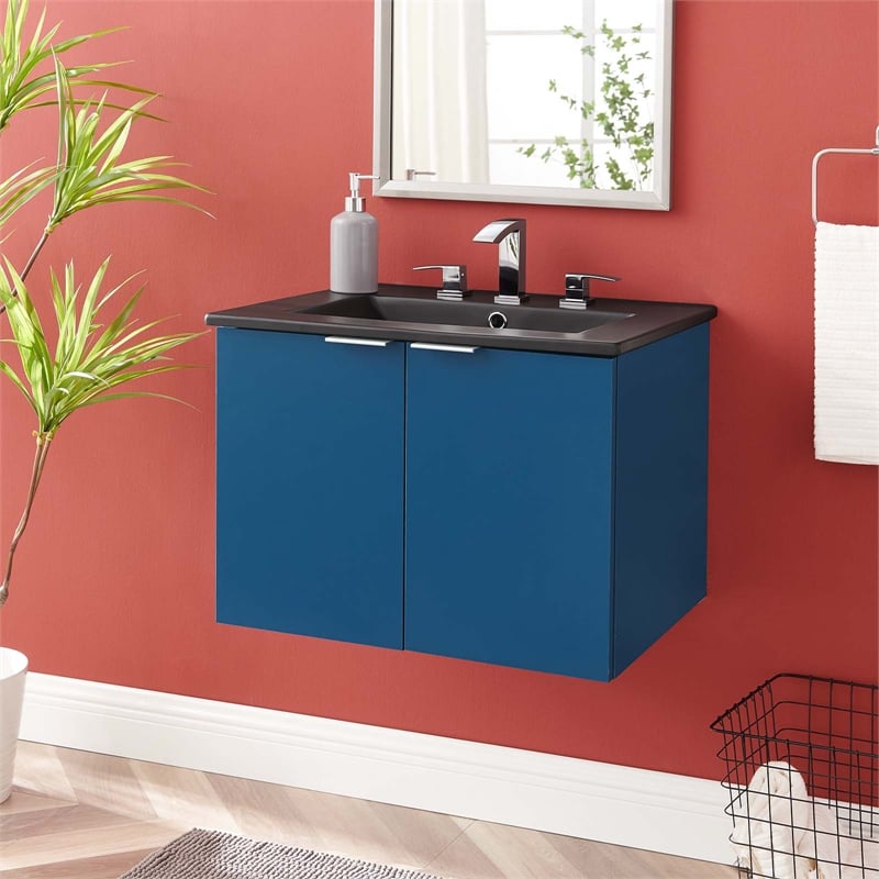 Modway Maybelle Modern Wood Wall-Mount Bathroom Vanity in Navy/Black