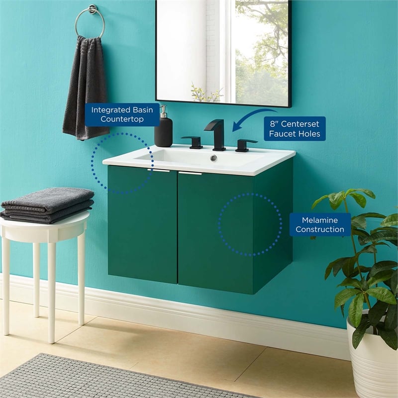 Modway Maybelle Modern Wood Wall-Mount Bathroom Vanity in Green/White
