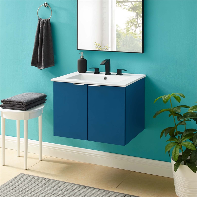Modway Maybelle Modern Wood Wall-Mount Bathroom Vanity in Navy/White