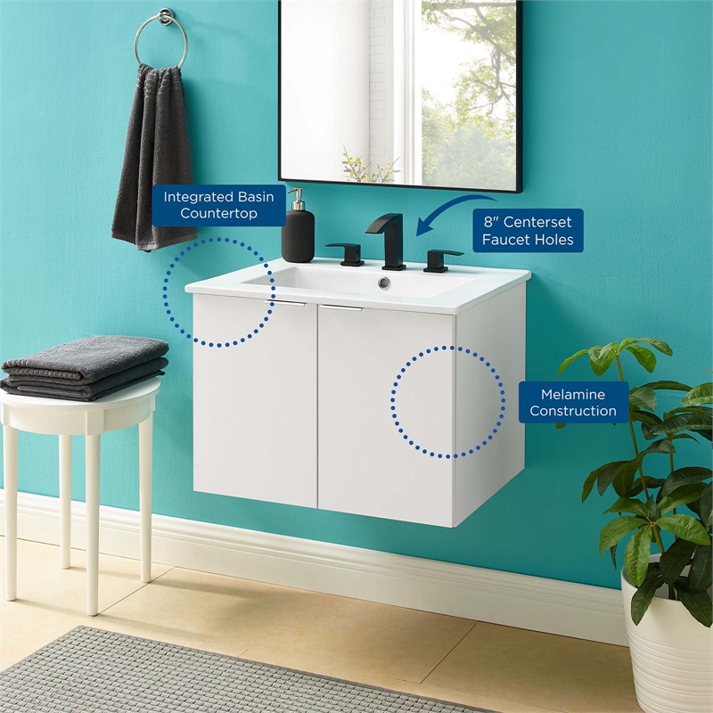 Modway Maybelle Modern Wood Wall-Mount Bathroom Vanity in White