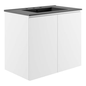 Modway Bryn 30&quot Modern Wood/Ceramic Wall-Mount Bathroom Vanity in White/Black
