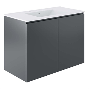 Modway Bryn 36&quot Modern Wood/Ceramic Wall-Mount Bathroom Vanity in Gray/White