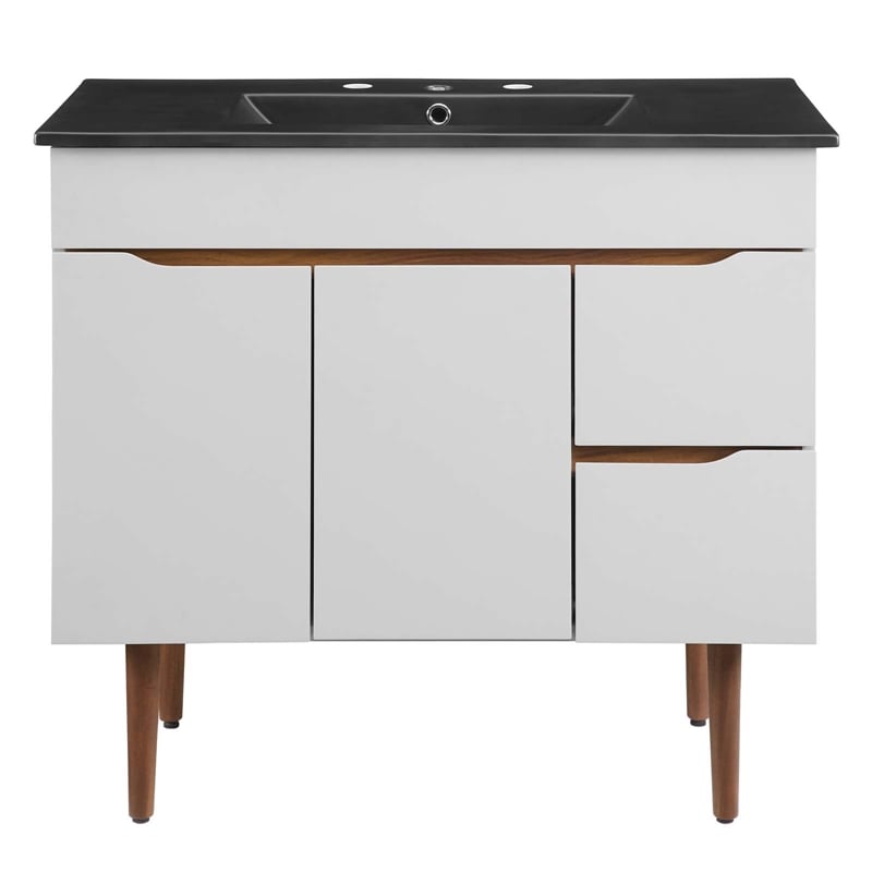 Modway Harvest Modern Wood/Ceramic Bathroom Vanity in Gray/Black