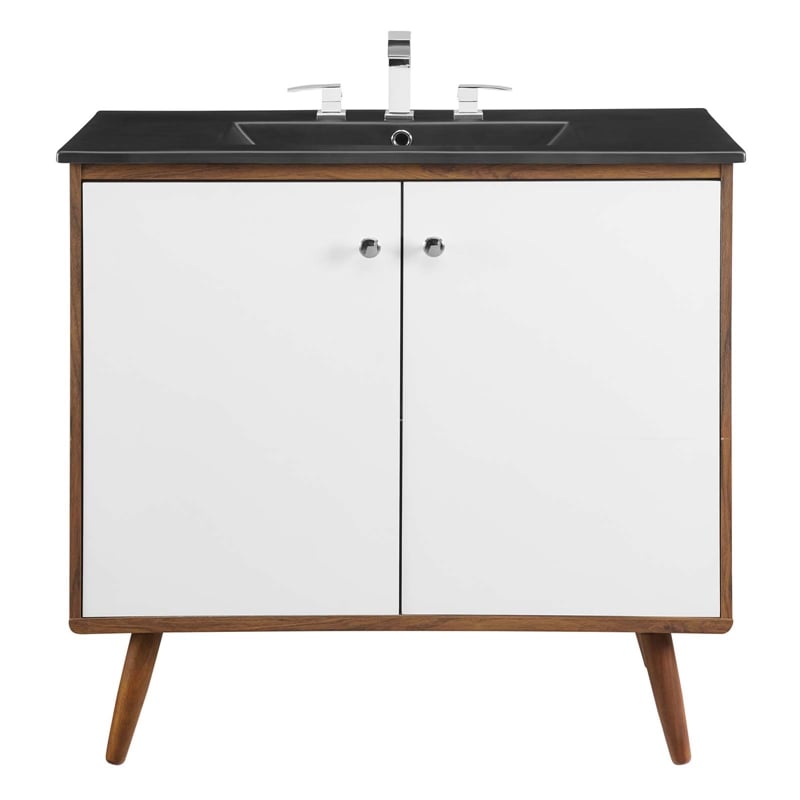 Modway Transmit Modern Wood/Ceramic Bathroom Vanity in Walnut/White