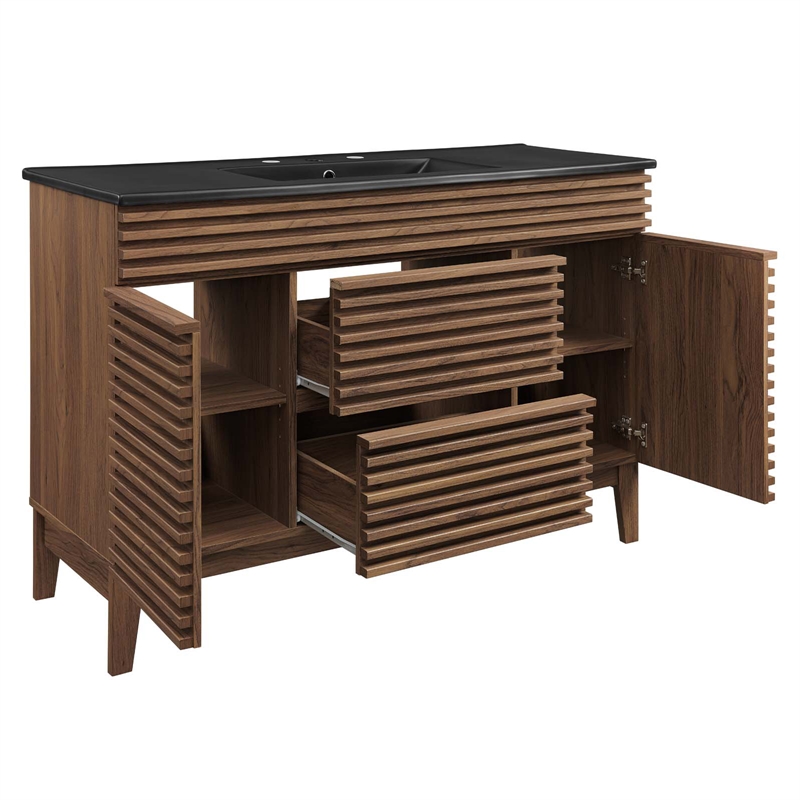 Modway Render Modern Wood Single Sink Bathroom Vanity in Walnut/Black