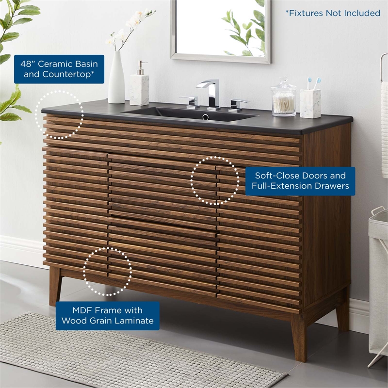 Modway Render Modern Wood Single Sink Bathroom Vanity in Walnut/Black
