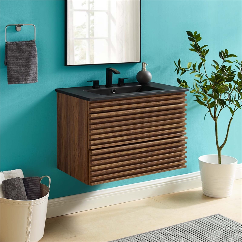 Modway Render Modern Wood Wall-Mount Bathroom Vanity in Walnut/Black