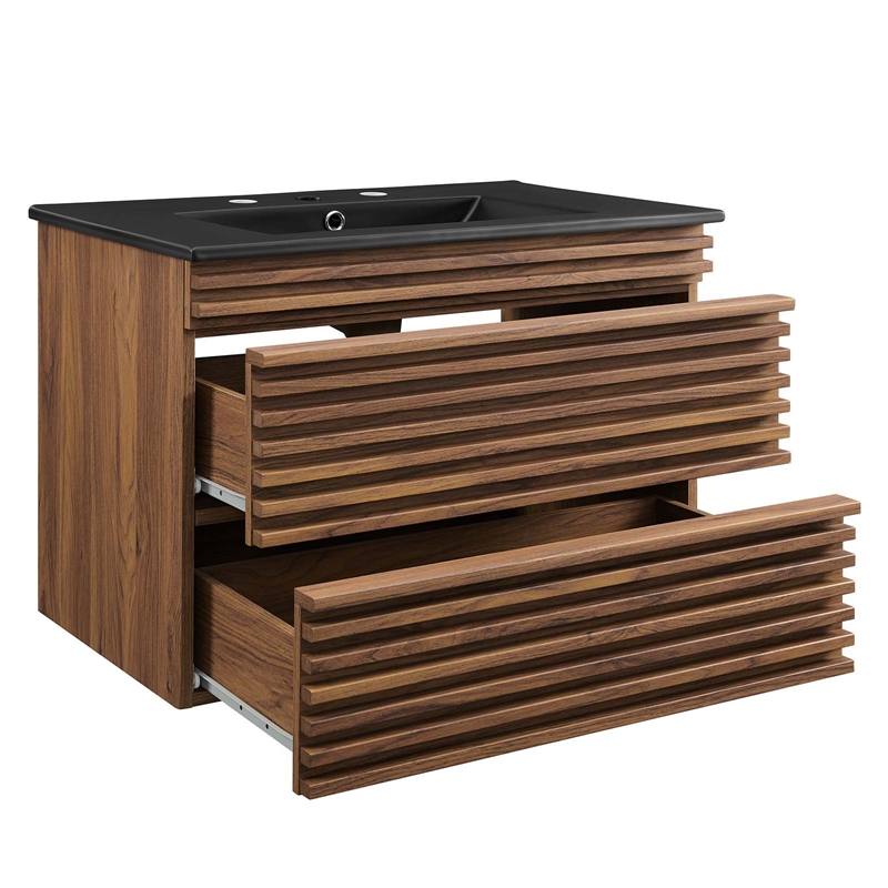 Modway Render Modern Wood Wall-Mount Bathroom Vanity in Walnut/Black