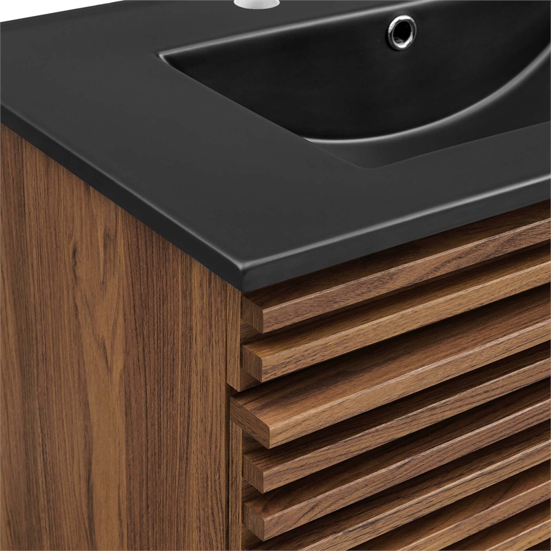 Modway Render Modern Wood Wall-Mount Bathroom Vanity in Walnut/Black
