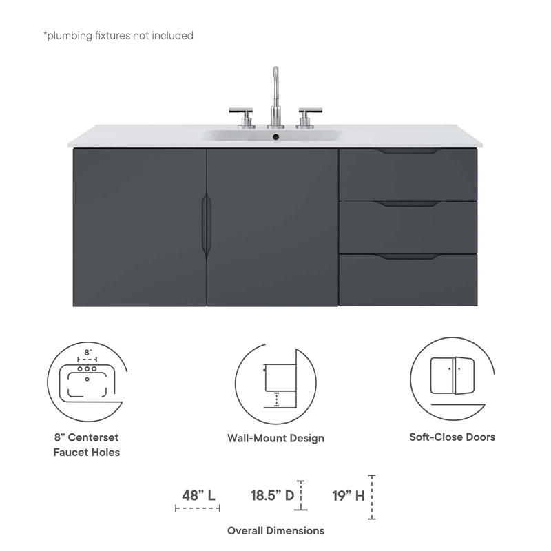Modway Vitality Modern Wood Single Sink Bathroom Vanity in Gray/White