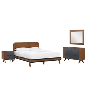 Modway Dylan 4-Piece MDF Wood and Fabric Bedroom Set in Walnut