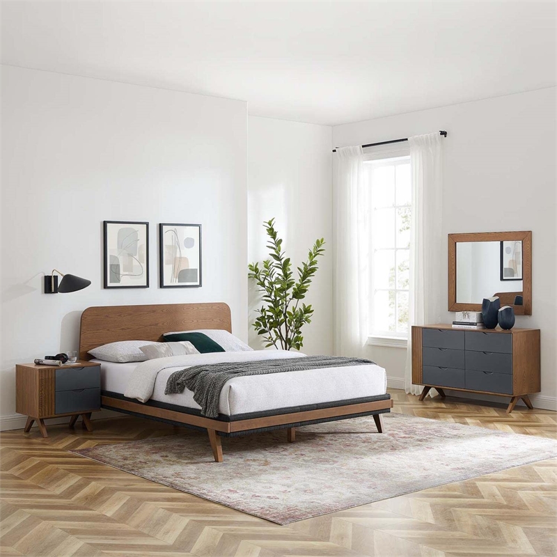 Modway Dylan 4-Piece MDF Wood and Fabric Bedroom Set in Walnut