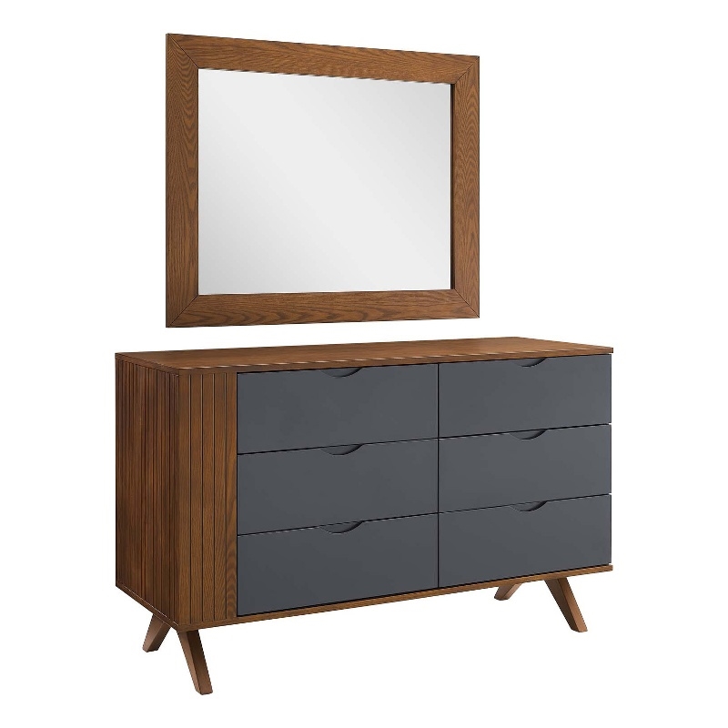 Modway Dylan Modern MDF and Rubberwood Dresser and Mirror in Walnut