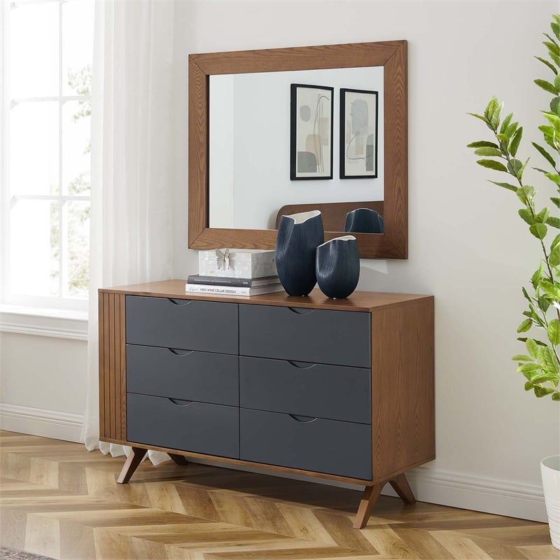 Modway Dylan Modern MDF and Rubberwood Dresser and Mirror in Walnut
