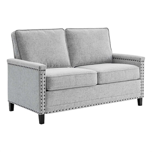 modway ashton upholstered modern fabric loveseat with nailheads in light gray