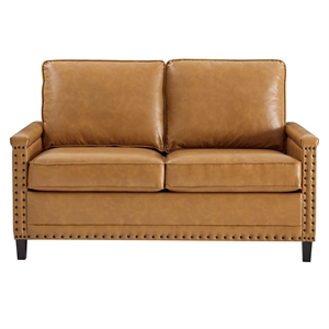modway ashton upholstered modern faux leather loveseat with nailheads in tan