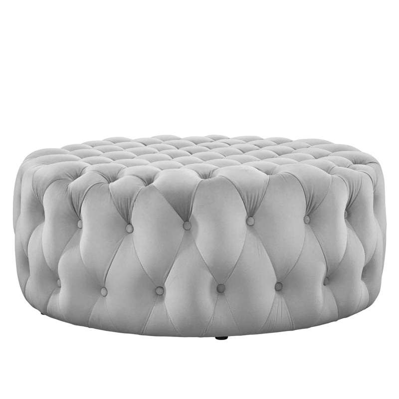 Modway Amour Modern Button Tufted Round Velvet Ottoman in Light Gray