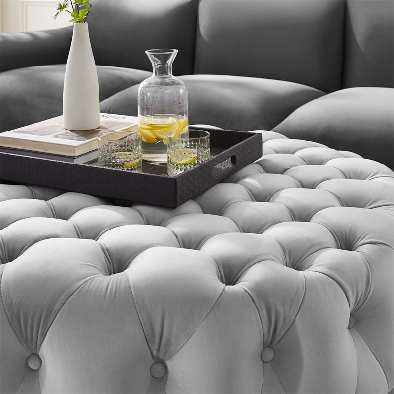 Modway Amour Modern Button Tufted Round Velvet Ottoman in Light Gray