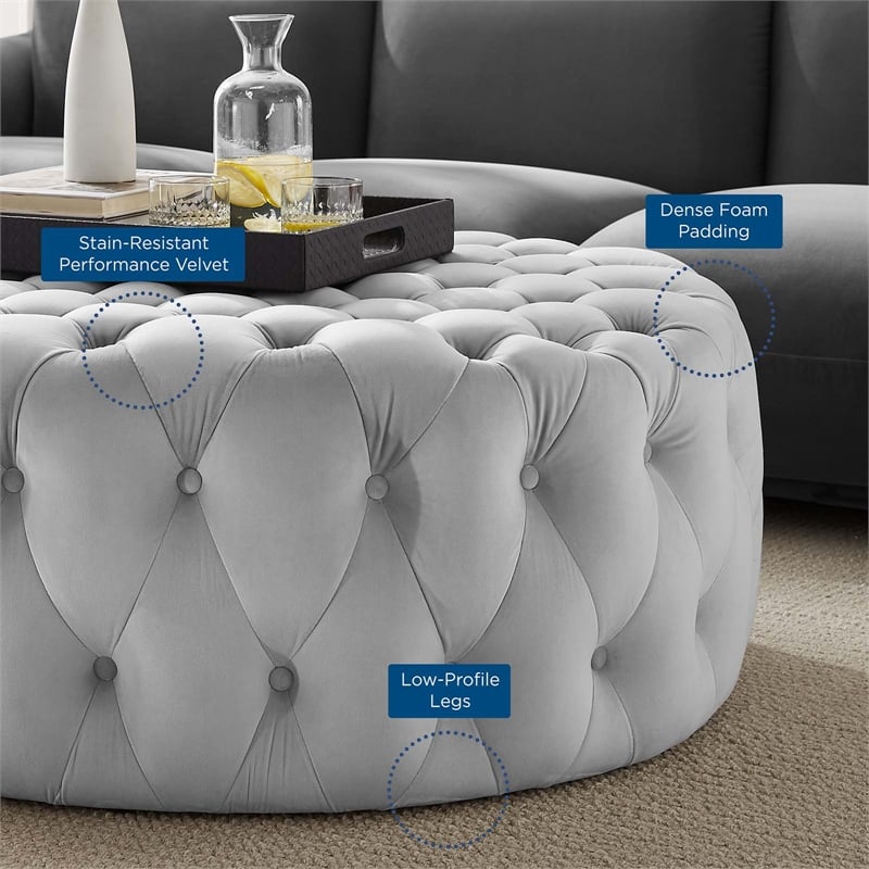 Modway Amour Modern Button Tufted Round Velvet Ottoman in Light Gray