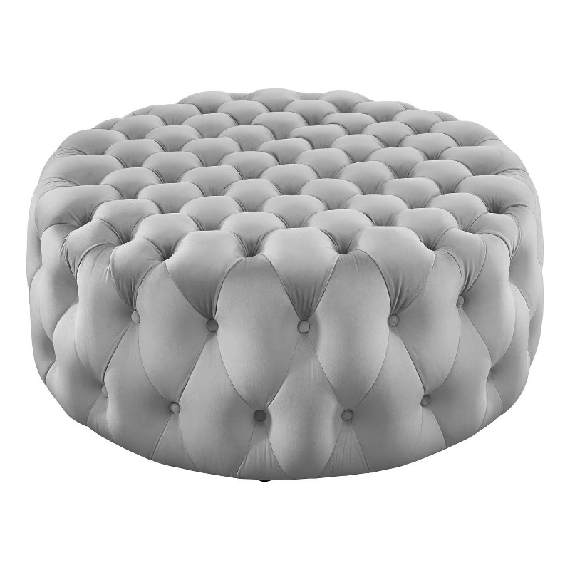 Modway Amour Modern Button Tufted Round Velvet Ottoman in Light Gray