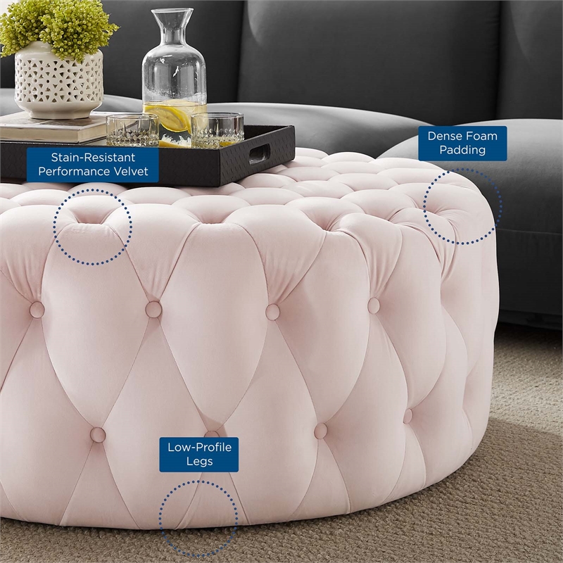 Modway Amour Modern Button Tufted Round Velvet Ottoman in Pink