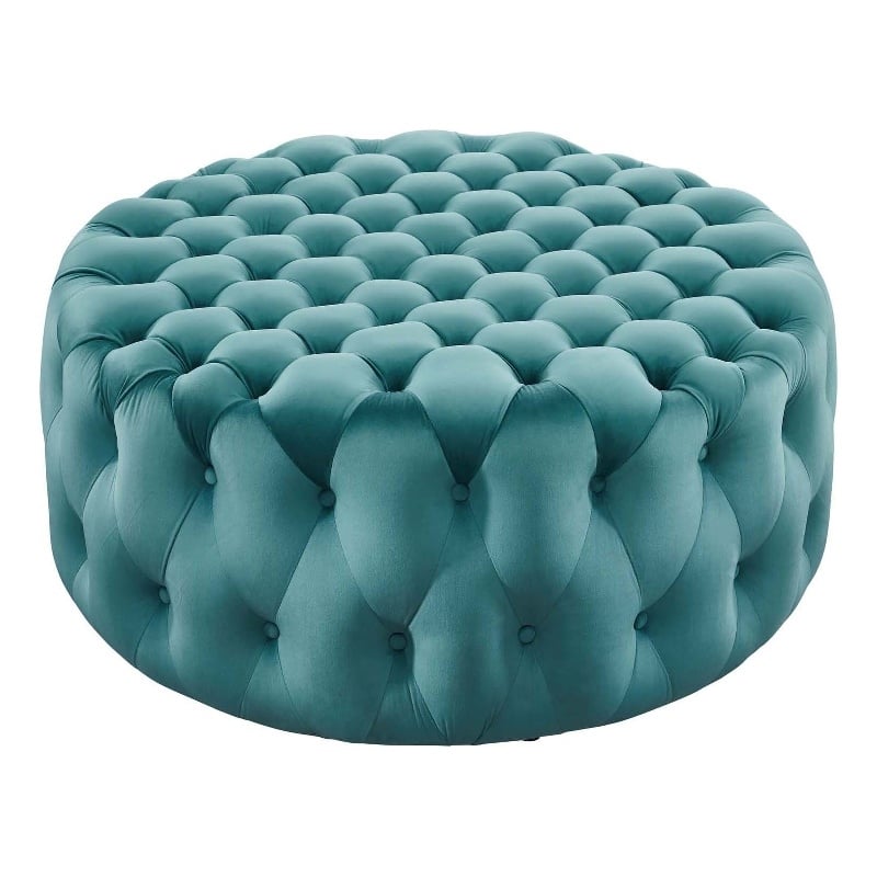 Modway Amour Modern Button Tufted Round Velvet Ottoman in Sea Blue