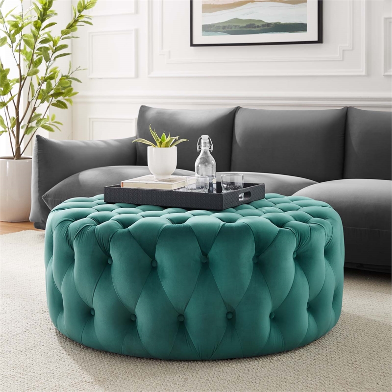 Modway Amour Modern Button Tufted Round Velvet Ottoman in Teal Green