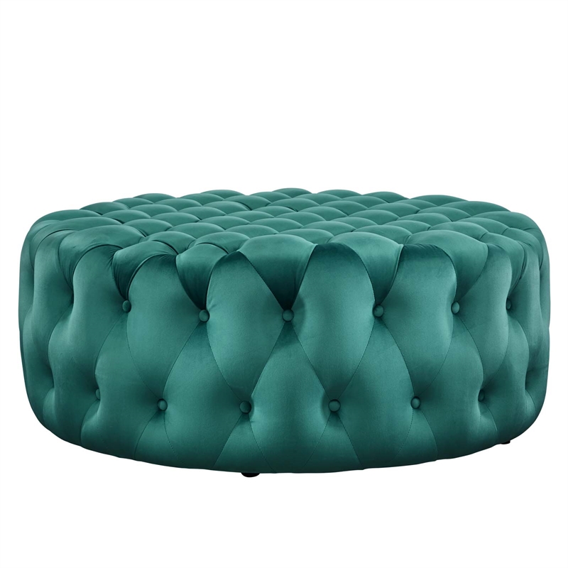 Modway Amour Modern Button Tufted Round Velvet Ottoman in Teal Green