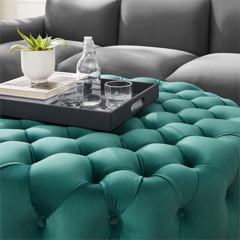 Modway Amour Modern Button Tufted Round Velvet Ottoman in Teal Green
