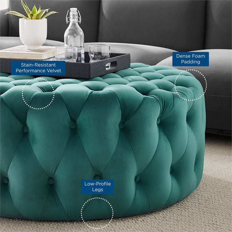 Modway Amour Modern Button Tufted Round Velvet Ottoman in Teal Green