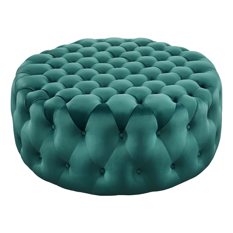 Modway Amour Modern Button Tufted Round Velvet Ottoman in Teal Green