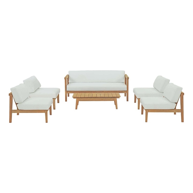 Modway Bayport 6-Piece Modern Teak Wood/Fabric Outdoor Set in White/Natural