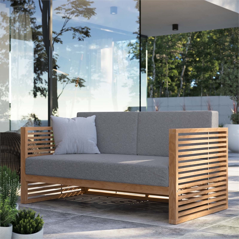 Modway Carlsbad Modern Teak Wood/Fabric Patio Loveseat in Gray/Natural