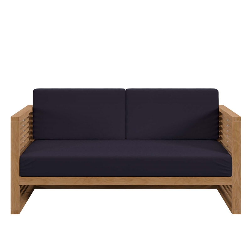 Modway Carlsbad Modern Teak Wood/Fabric Patio Loveseat in Navy/Natural