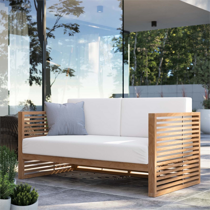 Modway Carlsbad Modern Teak Wood/Fabric Patio Loveseat in White/Natural
