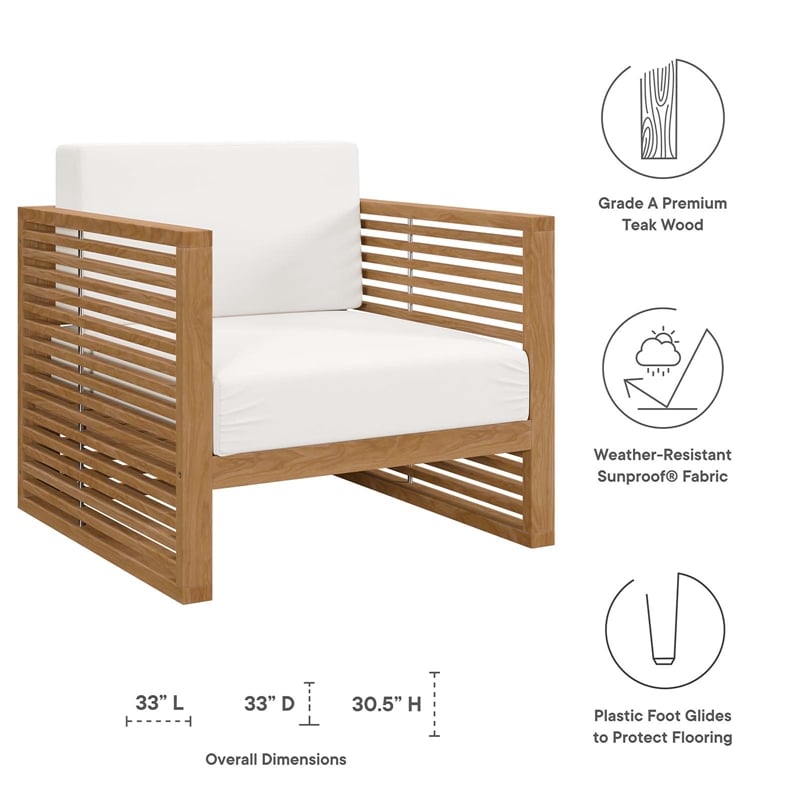 Modway Carlsbad Modern Fabric/Teak Wood Outdoor Armchair in White/Natural
