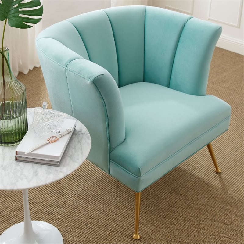 Modway Veronica Modern Channel Tufted Performance Velvet Armchair in Mint Blue