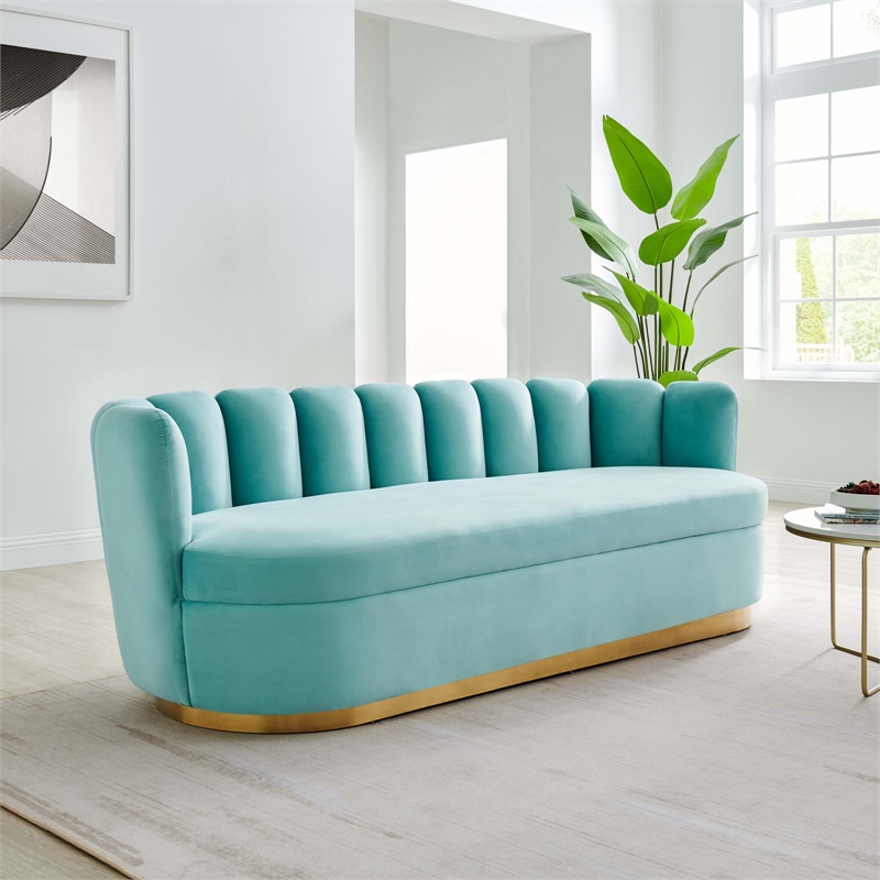 Modway Victoria Modern Tufted Performance Velvet Sofa in Mint Blue/Gold