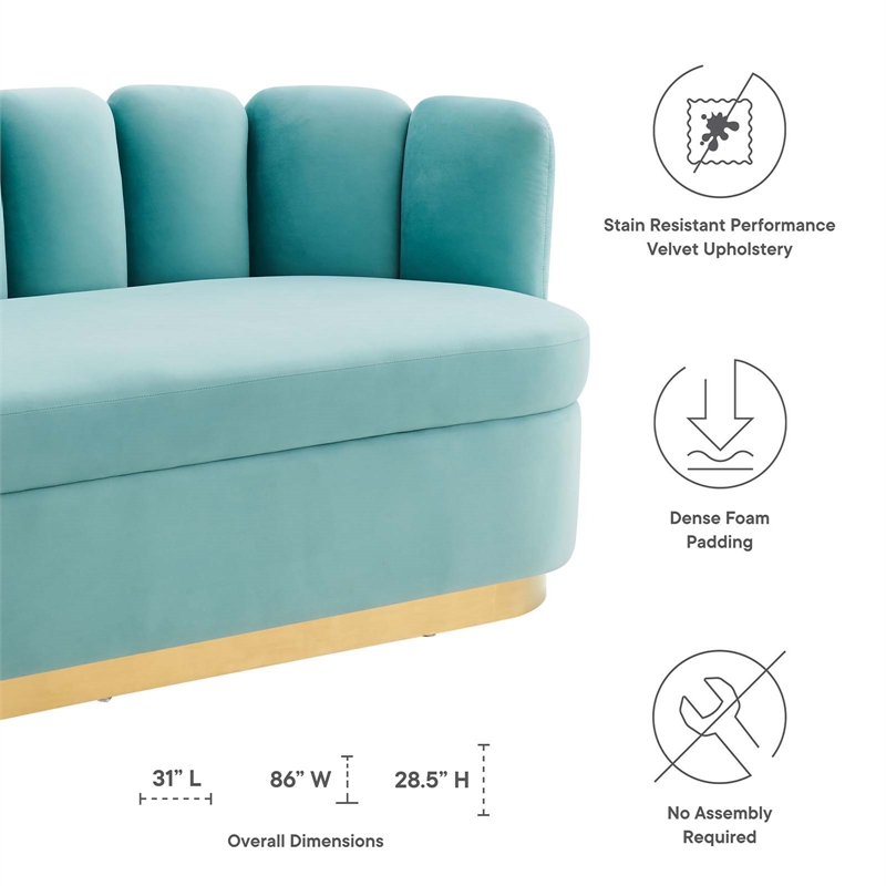 Modway Victoria Modern Tufted Performance Velvet Sofa in Mint Blue/Gold