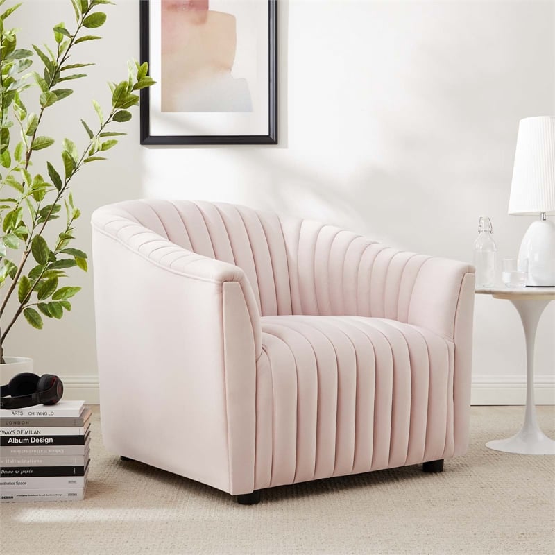 Modway Announce Modern Performance Velvet Tufted Armchair in Pink