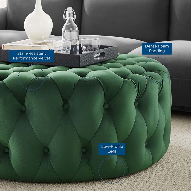 Modway Amour Modern Button Tufted Round Velvet Ottoman in Emerald Green