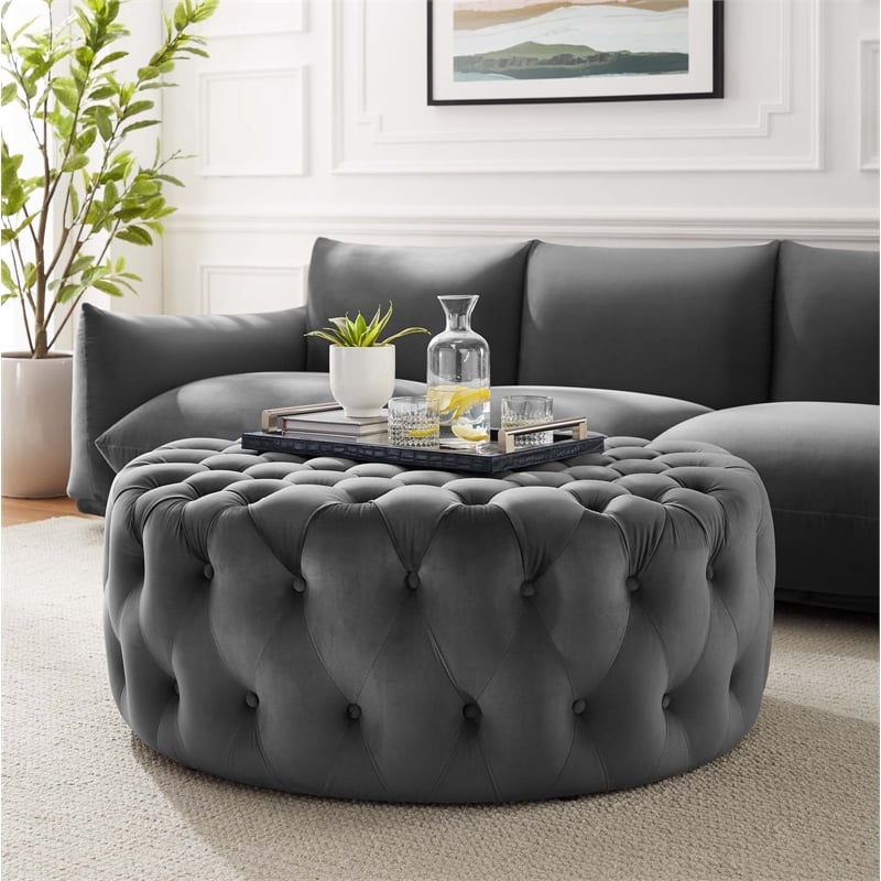 Modway Amour Modern Button Tufted Round Velvet Ottoman in Gray