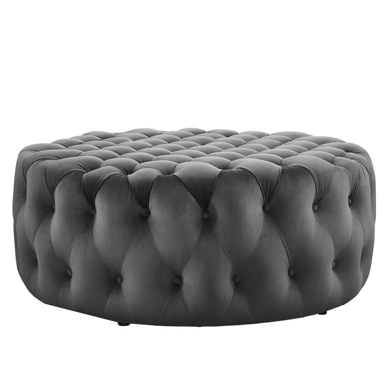 Modway Amour Modern Button Tufted Round Velvet Ottoman in Gray