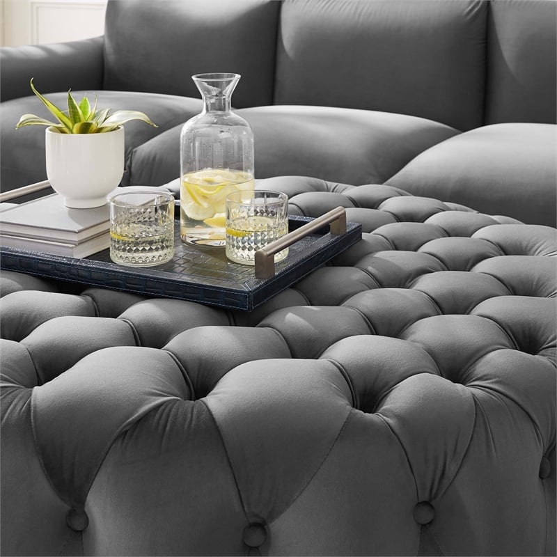 Modway Amour Modern Button Tufted Round Velvet Ottoman in Gray