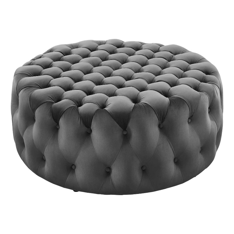 Modway Amour Modern Button Tufted Round Velvet Ottoman in Gray