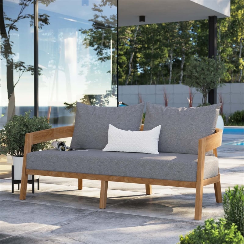 Modway Brisbane Modern Teak Wood/Fabric Patio Loveseat in Gray/Natural