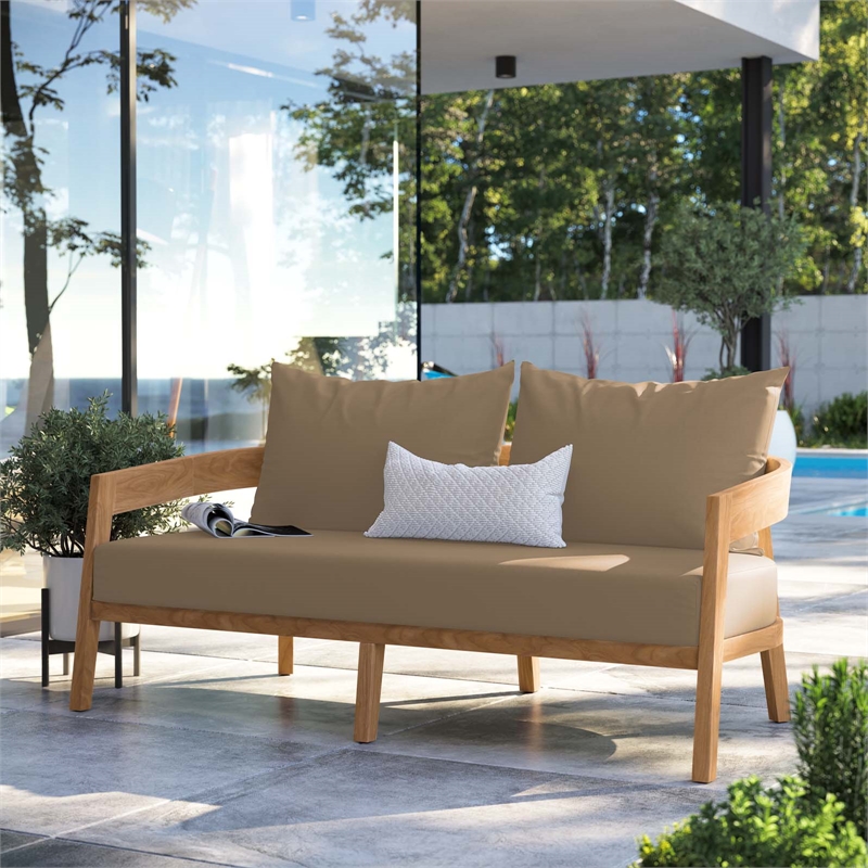 Modway Brisbane Modern Teak Wood/Fabric Patio Loveseat in Light Brown/Natural